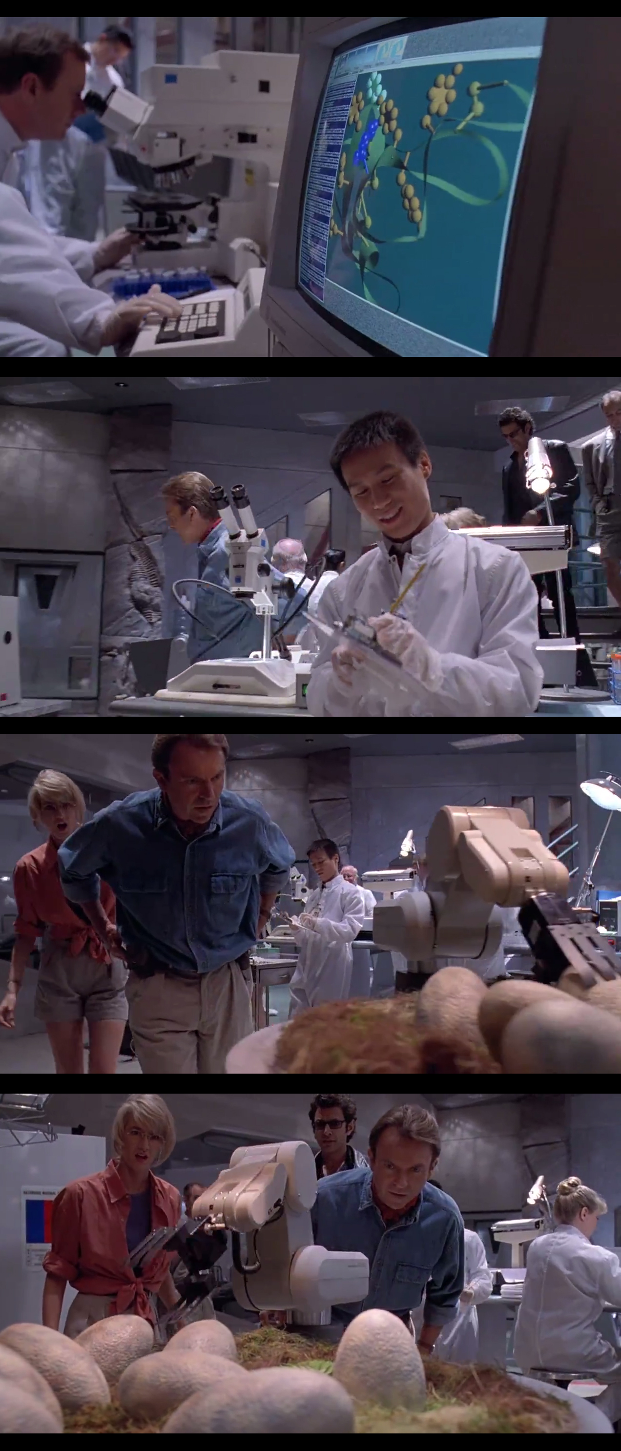 La scène où Laura Dern et Sam neill découvrent les oeufs de dinosaure en laboratoire, scène découpée en quatre plans.