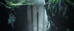Pont entre deux vallées, au dessus d'un gouffre immense, paysage du film Away.