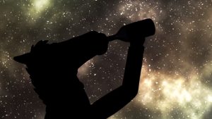 L'ombre de Bojack Horseman en train de boire une bouteille, sur un fond de ciel spatial.