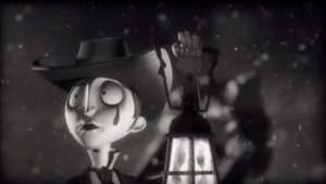 Le pantin aux grands yeux blancs, personnage principal du clip en animation et en noir et blanc de la chanson Neige de Dionysos, pour notre interview de Mathias Malzieu.