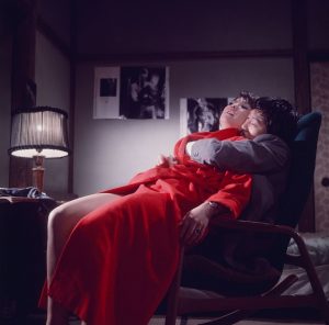 Une femme en robe de chambre rouge est assise sur un homme qui l'enlace, tous deux sur un fauteuil, scène du film Nuits félines à Shinjuku pour l'article sur les films du Roman Porno édités par Elephant Films.
