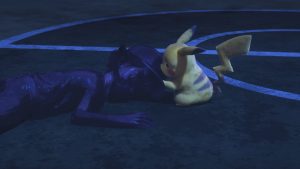 Pikachu se morfond près d'un Sacha statufié allongé sur le sol, tout noir, comme recouvert de pétrole, scène de nuit dans le film  Pokémon Mewtwo contre-attaque Evolution.