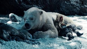 Dans la neige, près d'un cadavre de cheval, Lyra se blottit contre un ours blanc, scène de la série His Dark Materials Saison 1.