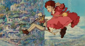 La petite Shizuku en robe rose vole dans les airs avec Baron le chat en costume et chapeau haut de forme, scène du film Si tu tends l'oreille.