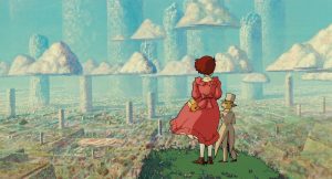 Shizuku et Baron face à une ville fantastique sous un ciel bleue, les nuages ont la forme de cylindres, scène du film Si tu tends l'oreille.