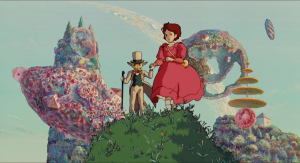 Baron tient la main de Shizuku sur une dune d'herbe au milieu d'un ciel où flottent d'énormes rochers colorés, scène du film Si tu tends l'oreille.