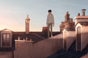 Naoufel sur les toits de Paris à la levée du jour, scène du film J'ai perdu mon corps pour notre interview de Jérémy Clapin.