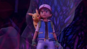 Pikachu sur l'épaule de Sacha, face à une menace invisible, scène du fim Pokemon : contre-attaque Evolution. 