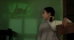 La petite Alexandria voit une image de cerf à l'envers diffusé sur son mur dans une lueur verte, scène du film The Fall.