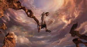 Vue sous-marine d'une femme qui pose le pied sur l'eau, un ciel étrange aux tons ocres et nuageux pour fond, scène du film Final Fantasy les créatures de l'esprit.