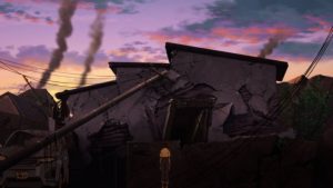 Une maison détruite et encore fumante sous un ciel de crépuscule, scène de la série Japan Sinks 2020.