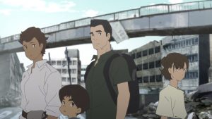 La famille de la série Japan Sinks 2020 pose devant des bâtiments abandonnés et un pont désert.