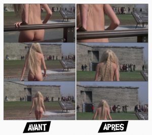 Collage comparatif de la scène de Splash montrant les fesses de Darryl Hannah avant et après la censure sur la plateforme Disney +, pour notre article sur la censure d'Autant en emporte le vent.