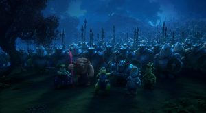 Une armée de trolls sous un ciel de nuit tout juste éclairé par la lune, scène de la série Mages et sorciers.