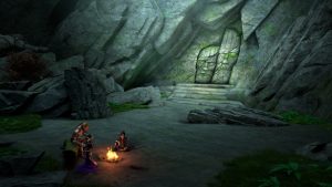 Trois personnages font un feu dans une immense grotte aux teintes vertes, scène de la série Mages et sorciers.