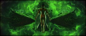Une femme nue vue de dos flotte dans un univers étrange, aux formes indéfinissables plongées dans une lumière verte, scène du film Blood Machines.