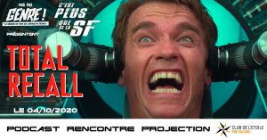 Affiche de l'évènement Fais Pas Genre projection de Total Recall, avec le visage d'Arnold Schwarzenegger en gros plan, hurlant entre deux machines.