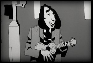 Tiny Tim en dessin animé sous des traits caricaturaux mais doux, joue du ukulélé en noir et blanc dans le film Tiny Tim : King of a day.