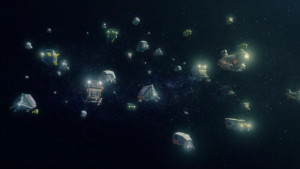 Plusieurs petits vaisseaux éparpillés dans l'espace du film Space sweepers.