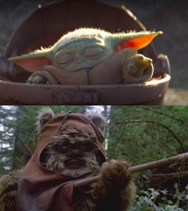 Photo-montage mettant en lien Bébé Yoda, en haut, et un Ewok en bas pour notre artcile sur les blockbusters 2020.