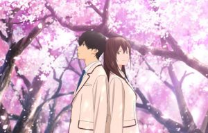Un jeune homme et une jeune femme en tenue d'écoliers japonais sont dos à dos sous des cerisiers en fleurs ; plan onirique du film Je veux manger ton pancréas.