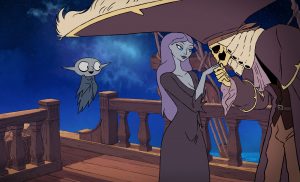 Sur lepont d'un vieux bateau en bois, un pirate fantôme, en squelette, fait un baise main à Madame Pandora, sous les yeux de Petit Vampire derrière elle.