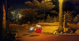 Petit Vampire et le petit garçon Michel se baladent de nuit dans un parc éclairé par les néons jaumes des éclairages publics.