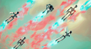 Quatre robots humanoides volent dans le ciel laissant des traces de fumée rosées puis l'un d'eux atterrit avec force ; scène du film Les Mitchell contre les machines.