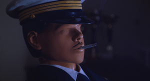 Plan rapproché-épaule sur un mannequin, faux marin, fumant une cigarette dans le film Messe Basse de Baptiste Drapeau.