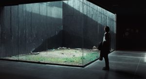 Tilda Swinton scrute une grande cage en verre abritant une petite pelouse dans le film Memoria.
