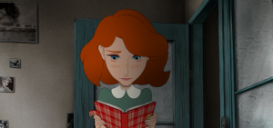 Kitty, jeune adoelscente rousse, est en train de lire un livre à la couverture rouge dans le film Où est Anne Frank !