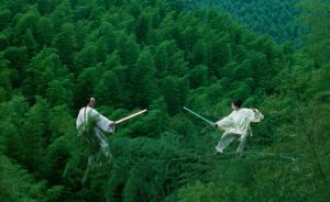 Deux combattans se tiennent en garde avec leur sabre, debout sur les cimes d'une vallée d'arbres dans le film Tigre et dragon de Ang Lee.