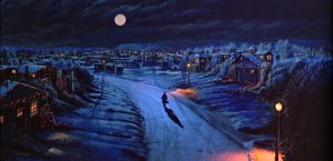 Plan d'ensemble sur la ville du film Les Gremlins, vue de nuit, sous la neige, avec une pleine lune.