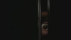 Gros plan sur un oeil qui regarde dans l'embrasure d'une porte, issu du film Black Christmas.