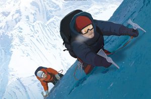 Vus en contre-plongée, deux alpinistes, l'un derrière l'autre, gravissent une montagne de glaces dans le film Le sommet des dieux.