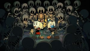 Cuphead et Mugman esseulés et effrayés au milieu d'une foule d'individus déguisés en squelettes dans la série The Cuphead show.