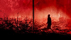 Un homme marche dans la forêt ; on ne voit que l'ombre de sa silhouette et des arbres, plongé dans un rouge surréaliste ; affiche du film Calvaire.
