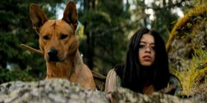 Naru et son chien Sarii se cachent dans la jungle, à ras du sol, le regard au loin, dans le film Prey.