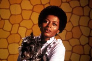Plan rapproché-épaule sur Diana Ross, les cheveux courts, en bonne mère de famille américaine sur un fond de mur jaune bien 70's, elle porte un chien dans ses bras ; plan issu du film The Wiz.