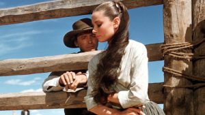 Audrey Hepburn les bras croisés, le visage vers le sol, l'air pensif ; derrière elle et ce qui semble être une barrière en bois, son frère, Burt Lancaster, la regarde soucieux ; plan sous un ciel bleu issu du film Le vent de la plaine.