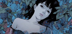 Mima, l'héroïne du film Perfect Blue, est allongée torse nu sur un par terre de fleurs, pour le livre sur le cinéma d'animation japonais de Nathalie Bittinger.