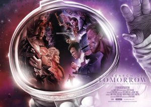Affiche du film In search of tomorrow, montrant le casque d'un cosmonaute dans lequel apparaîssent plusieurs héros des films de science-fiction des années 80.