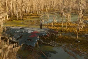 Une silhouette d'homme se tient debout sur l'épave d'un vaisseau spatial, crashé dans un marais ; plan issu du film 65 : la Terre d'vant.