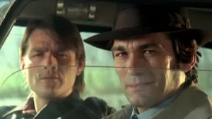 Deux gangsters, dont l'un au premier plan, avec un chapeau et un sourire narquois, sont à l'avant d'une automobile et regardent l'extérieur à travers la vitre baissée côté conducteur ; plan du film Section de choc.