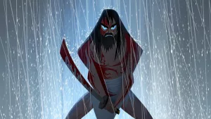 Samurai Jack torse nu sous une pluie battante, le regard sombre, et le katana dirigé vers le spectateur dans la série éponyme de Genndy Tartakovsky.