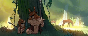 Un homme adulte, musclé, et son fils sont au pied d'un arbre, vête comme des hommes préhistoriques, avec des peaux de bête ; à l'arrière-plan, un animal broute sous le soleil ; plan issu de la série Primal de Genndy Tartakovsky.