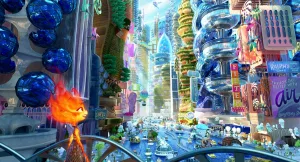 Brul au premier plan regarde avec émerveillement les buildings colorés et aux formes très vivantes de la grande mégalopole fictive dans le film Elementaire des studios Pixar.