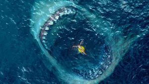 Une silhouette en gilet de sauvetage jaune, vue en plongée, s'apprête à être dévoré par l'immense gueule de mégalodon qui va surgir de l'eau dans le film En eaux très troubles.