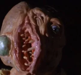 Un visage humain déchiré en deux du front à la bouche, sur fond noir, avec l'œil gauche qui ressemble étrangement à une pierre ; issu du film Breeders.