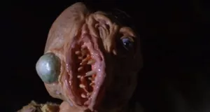 Un visage humain déchiré en deux du front à la bouche, sur fond noir, avec l'œil gauche qui ressemble étrangement à une pierre ; issu du film Breeders.